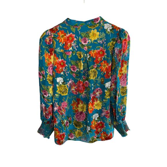 Alice + Olivia Sheila Floral Print Silk Blouse Top Summer Bliss Blue Size XS NWT - Picture 5 of 10
